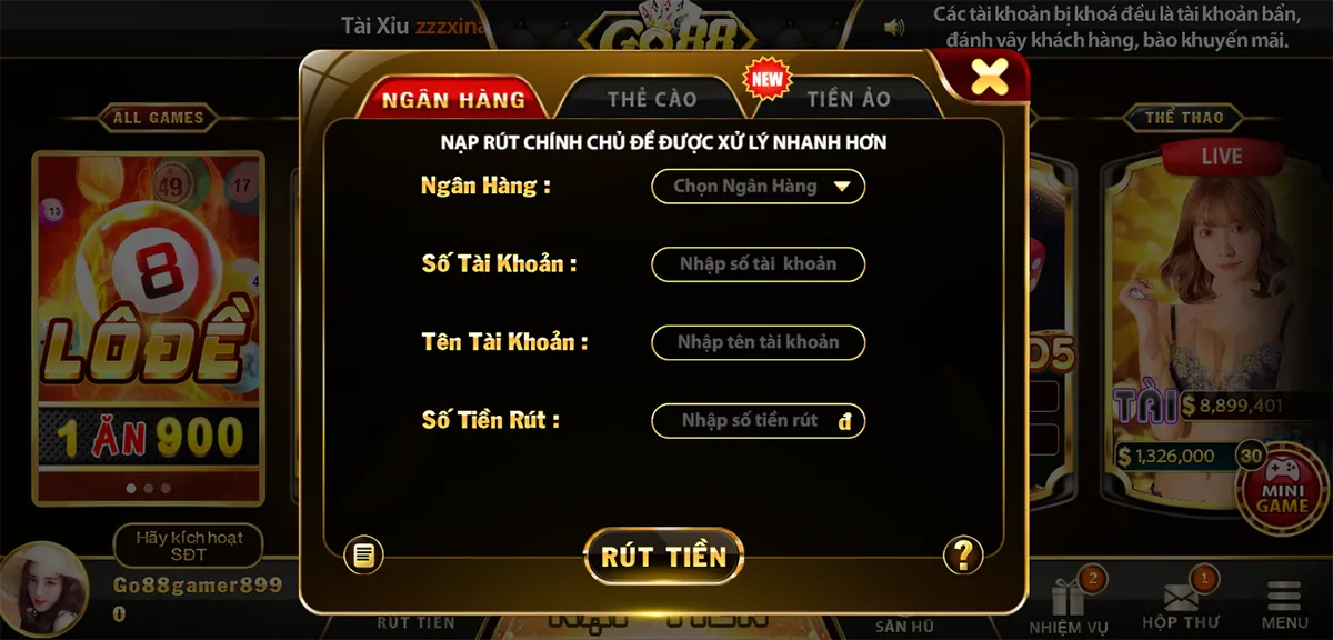 Rút tiền cược về ngân hàng với game bài đổi thưởng